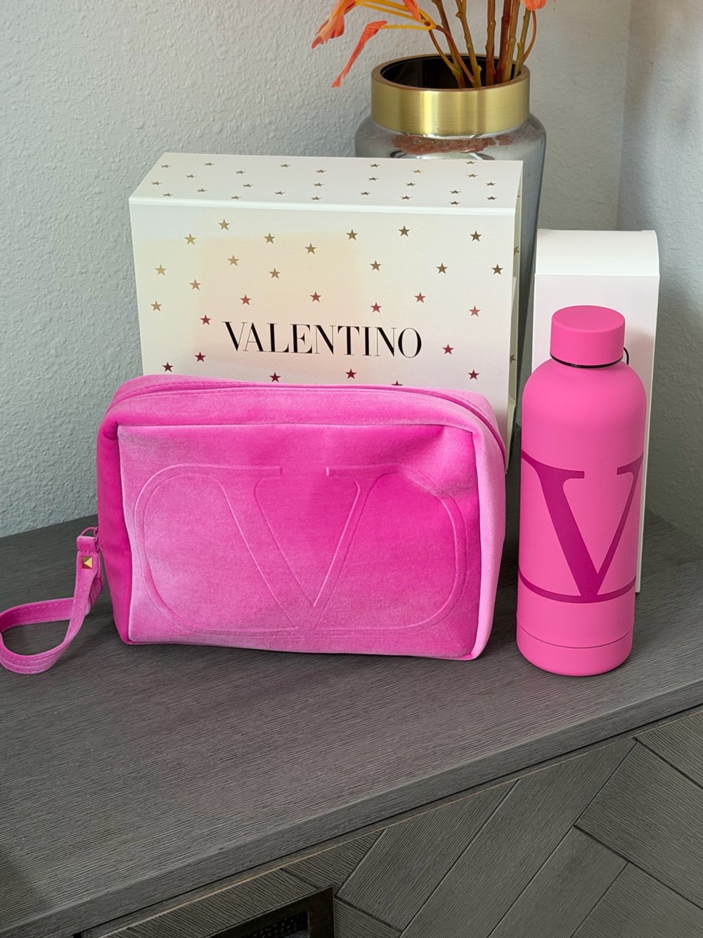 NWT Valentino Pink Water Bottle & Pink Velvet Cosmetic Bag Set